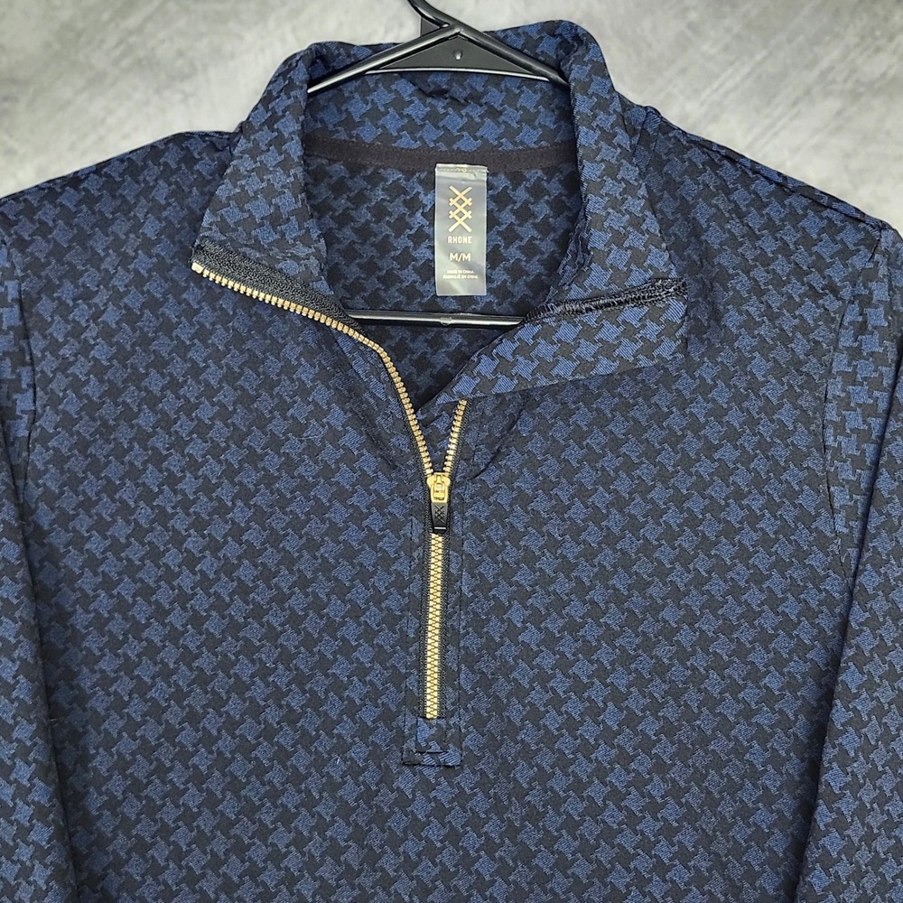 Rhone Après Houndstooth Seamless 1/4 Zip Pullover Navy Gold Zipper Top Medium - Picture 2 of 10